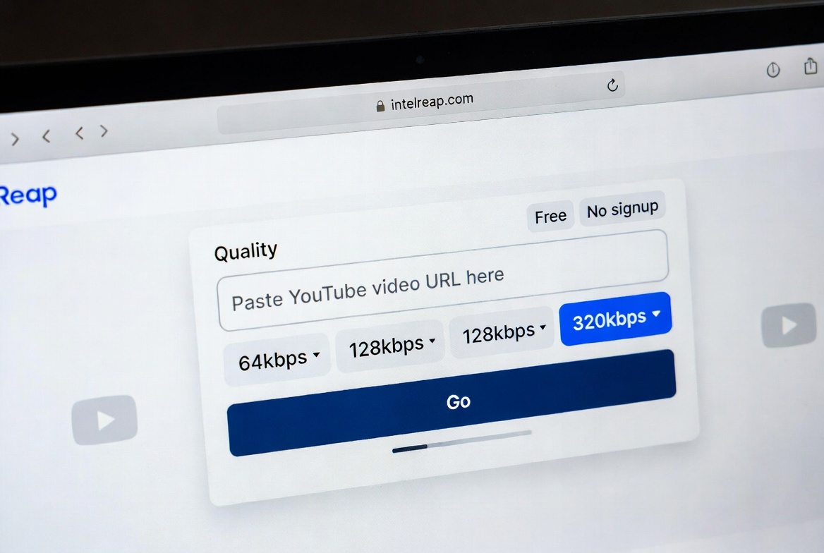 IntelReap Converter Interface Screenshot 2026 – Paste URL box, quality selector, and instant Go button in clean browser view
