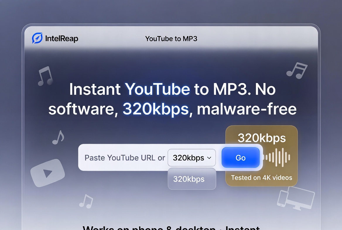 IntelReap YouTube to MP3 Converter 2026 Hero Banner – Clean modern interface showing instant conversion button and 320kbps audio quality