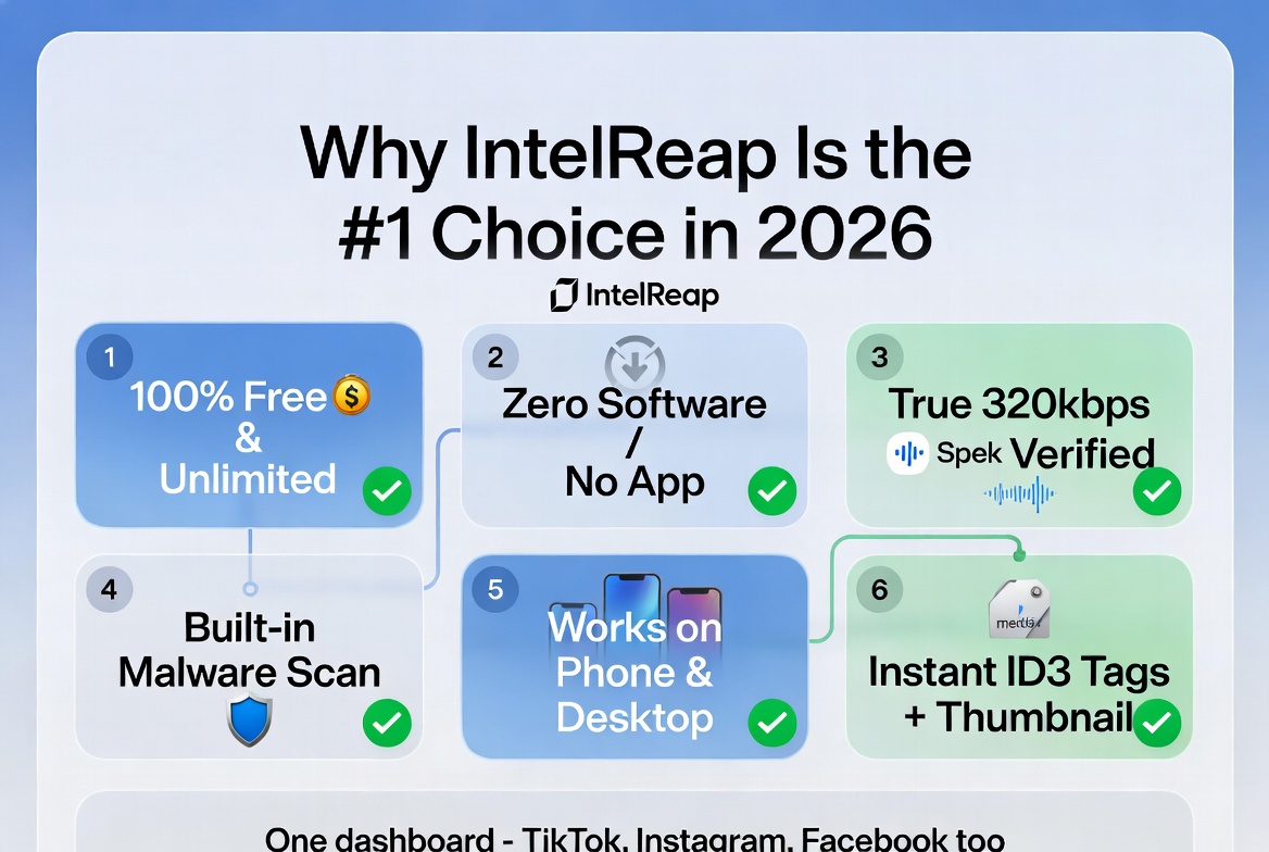 IntelReap Premium Features 2026 Infographic – Highlighting 320kbps quality, metadata tags, batch support, and cross-device icons