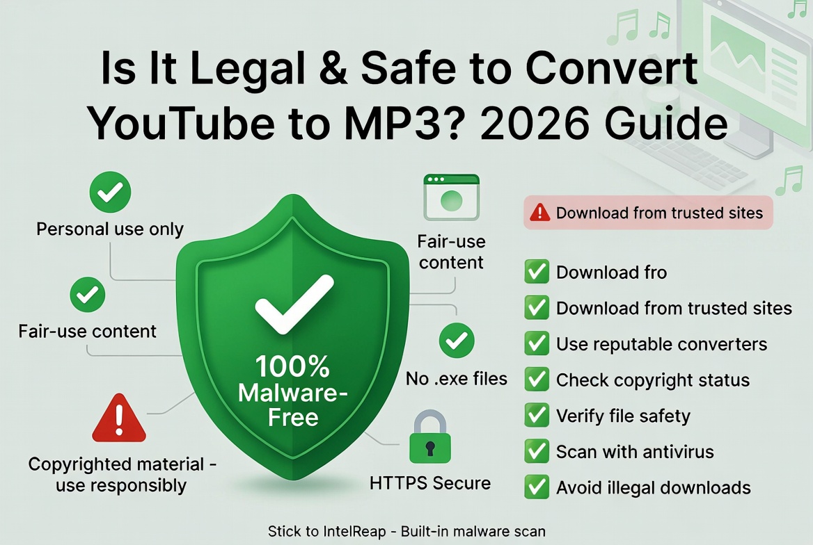 YouTube to MP3 Safety & Legal Guide 2026 – Shield icons, malware-free badge, and fair-use checklist graphic