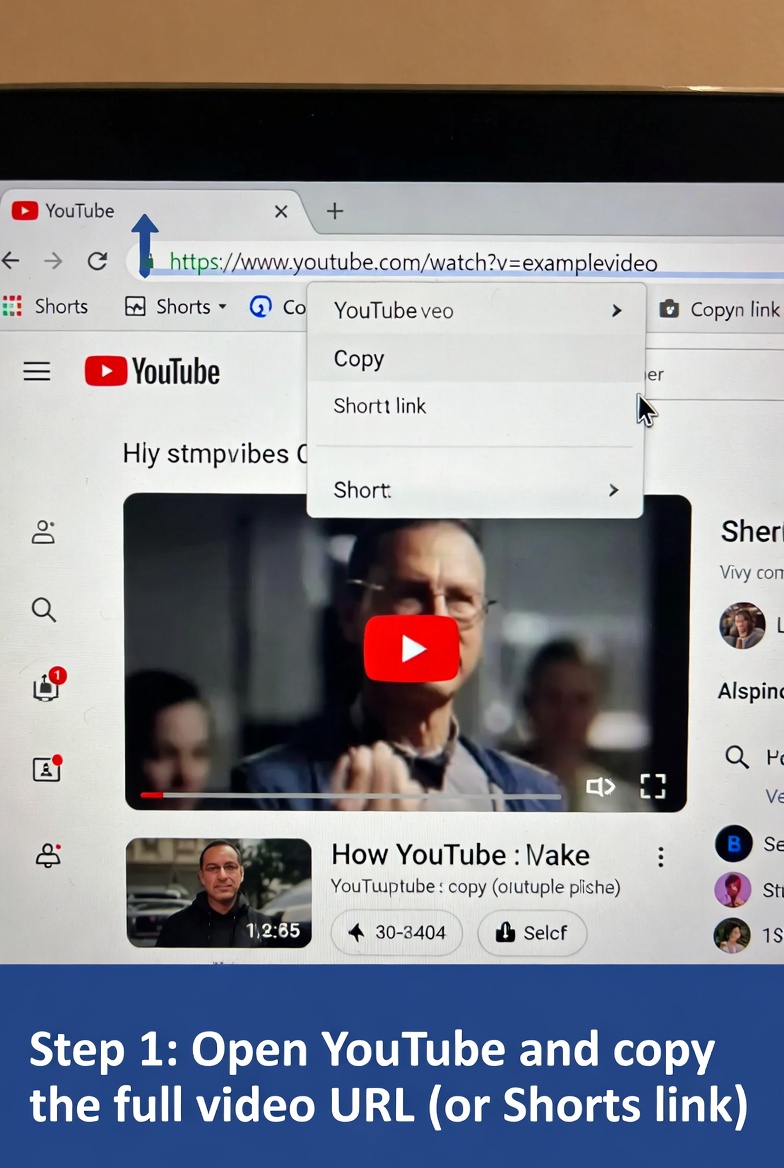 Step 1: Open YouTube and copy the full video URL or Shorts link - IntelReap YouTube to MP3 converter tutorial