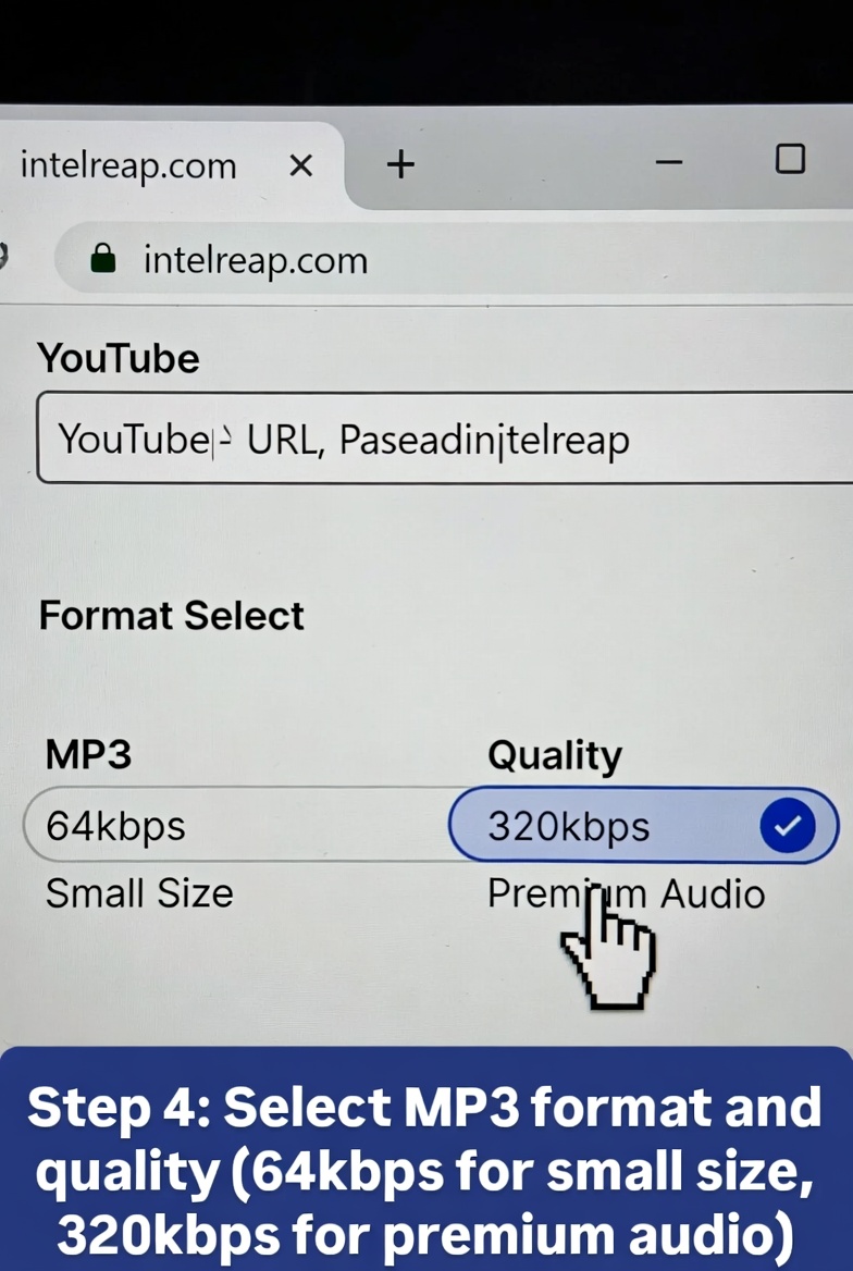 Step 4: Select MP3 format and quality (64kbps or 320kbps premium audio) - IntelReap YouTube to MP3 converter